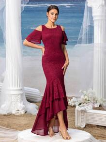 Faeriesty Mosy Elegant Cold Shoulder Ruffle Sleeves High Low Hem Lace Party Dress Mother Of The Bride Dress - Burgundy - View 2