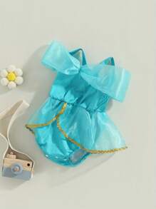 Baby Girls Summer Casual Tutu Romper Blue Short Sleeve Off Shoulder Tulle Romper - Blue - View 2