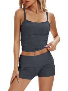 Conjunto de ropa de verano para mujer, top de tirantes con ribete de encaje y pantalones cortos con cintura plegable - Gris Oscuro - Ver 1