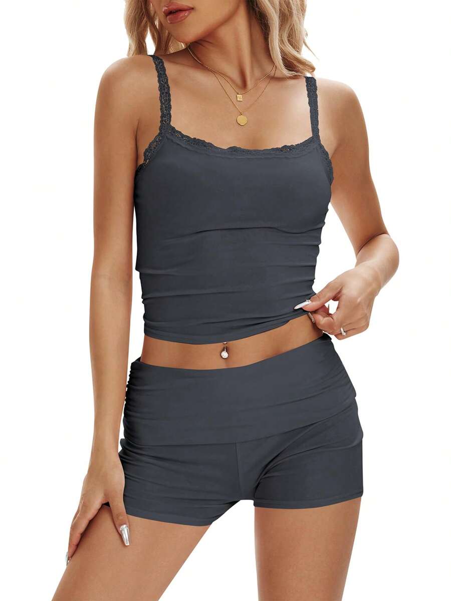 Conjunto de ropa de verano para mujer, top de tirantes con ribete de encaje y pantalones cortos con cintura plegable - Gris Oscuro - Ver 1