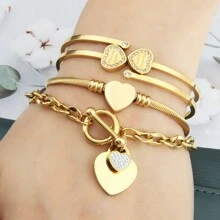 Bộ quà tặng trang sức nữ chất lượng cao 3 món/bộ, vòng tay không phai màu đính đá Rhinestone, vỏ sò Rhinestone, vòng tay thép không gỉ đính đá Rhinestone hình trái tim Valentine - Sự kết hợp khác nhau - Xem 16