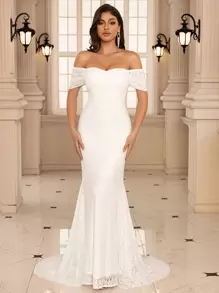 蕾丝花朵鱼尾下摆露肩婚纱，新娘 - 白色 - 查看 1
