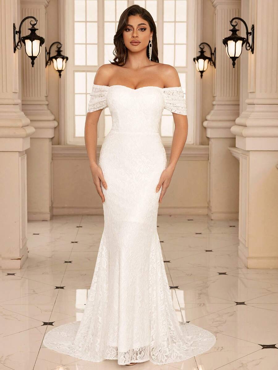 蕾丝花朵鱼尾下摆露肩婚纱，新娘 - 白色 - 查看 1