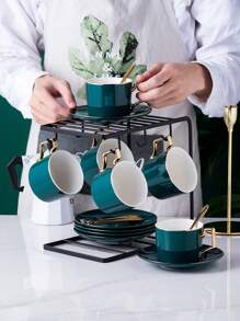 1 Juego de 6 tazas + 6 platillos + 6 cucharas (con soporte negro), 1 Juego de 1 taza + 1 platillo + 1 cuchara, taza de café de cerámica, platillo, plato elegante de café y postre, juego tradicional de té de la tarde, taza creativa y simple de té de la tarde, juego de tazas de café, serie graciosa de unicolor, taza de espresso con asa, taza, taza de leche, esencial ahorra espacio, imprescindible para amantes del café, adecuado para el hogar, la oficina, la escuela, reuniones, regalo - Apto para lavavajillas