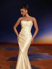 Anymoon 3D Hand Floral Ruffle Trim Mermaid Bridesmaid Dress - Yellow - View 5