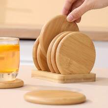6Pcs Set Of High-Quality Wooden Coasters - Minimalist Creative Round Coasters For Heat Insulation, Perfect For Home Decoration, Protect Cups And Tea Sets, Perfect For Christmas And Halloween Costumes - Yellow - View 2