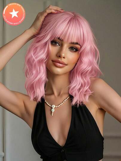 Pink 14-Inch Multicolor Short Curly Fringe Natural Fashion Synthetic Wig For Women's Daily Party Christmas Use