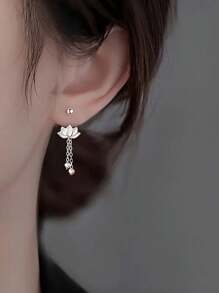 S925 Sterling Silver Lotus Tassel Drop Earrings, Minimalist Flower Screw Back Pearl Earrings, Gift For Women Valentines