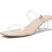 Athlefit Stylish Women's Two Strap Open Toe Heels Sandals Chunky Block Comfortable Slip On Low Heel Dress Shoes - Trong sáng - Xem 1