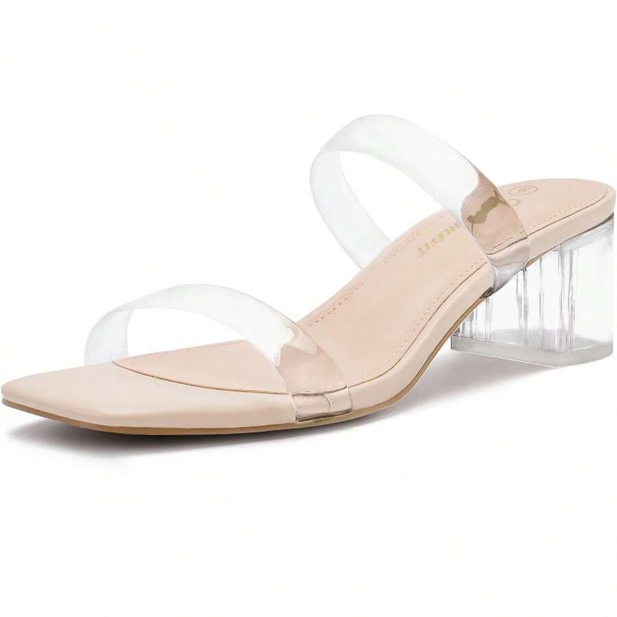 Athlefit Stylish Women's Two Strap Open Toe Heels Sandals Chunky Block Comfortable Slip On Low Heel Dress Shoes - Trong sáng - Xem 1