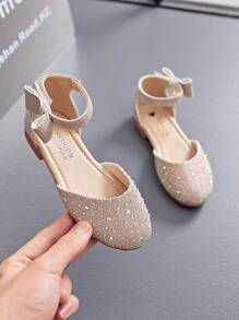 1 Pair Girls Rhinestone Sequin Princess Mary Jane Sandals, Closed Toe Soft Bottom High Heel Dance Shoes With Ankle Strap