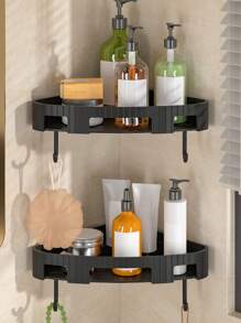 1/2 Punch-Free Bathroom Corner Shelf For Washbasin, Toilet, Kitchen Storage Organizer, Corner Shower Shelves, Bathroom Storage Rack, Punch-Free Shower Shelf For Inside Shower, Shampoo Shower Gel Holder For Shower Wall, Bathroom Caddy Organizer, Shower Caddy Basket, Bathroom Accessories Home Bathroom Decor Fall Decor Back To School - Black - View 2