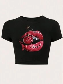 Cherry Red Lip Sexy Round Neck Fitted Short Blouse T-Shirt - Black - View 2