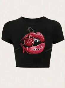 Cherry Red Lip Sexy Round Neck Fitted Short Blouse T-Shirt