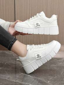 新款春秋女鞋时尚透气学生厚底拼布运动鞋休闲百搭纯白鞋 - 白色 - 查看 6