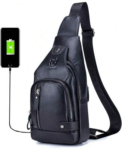 Genuine Leather Sling Bag With USB Charging Port Multi-Pocket Chest Bag For Men Hiking Travel Daypack XB-129