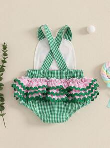 0-18M Lovely Baby Girls Boys Cute Romper Ruffles Sleeveless Golf Embroidery Plaid Print Jumpsuits For Casual Daily - 綠色 - 查看 5