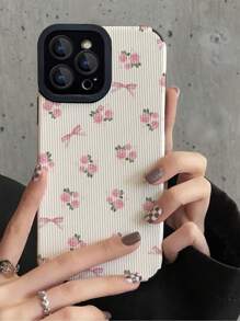 Flower Phone Case 1pc Pink Heart-Shaped Rose Bow Vertical Stripe Faux Leather Pattern Shockproof Anti-Fingerprint Soft Phone Case Compatible With Iphone & Models - Multicolor - View 2