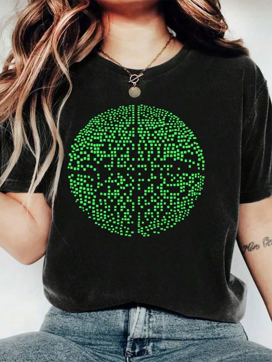 Women's Chic Printed T-Shirt Comfortable Fashion Casual Short-Sleeved Round Neck Everyday Wear Top - Black - View 1