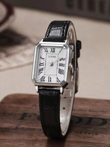 JUSMI 1 szt. damski zegarek kwarcowy z kwadratową tarczą z rzymskimi cyframi, minimalistyczny, biznesowy, skórzany pasek, odpowiedni do codziennego noszenia, na urodziny, prezent dla niej, rocznicę, promocję na koniec roku, Dzień Singla, promocję na Halloween, bez pudełka prezentowego - Biały - Zobacz 2