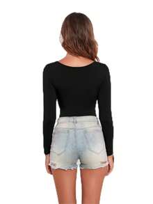 GEREARC Womens Scoop Neck Long Sleeve Tops Low Cut Basic Slim Fit Tee Tshirt - 黑色 - 查看 2