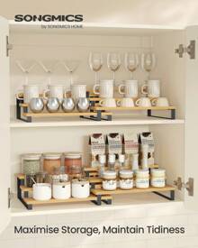 Spice Rack, Set Of 2 Cabinet Shelf Organisers, 3-Tier Extendable Spice Holder, Engineered Wood, Stackable, For Pantry, Cupboard, Countertop, Natural Beige And Ink Black