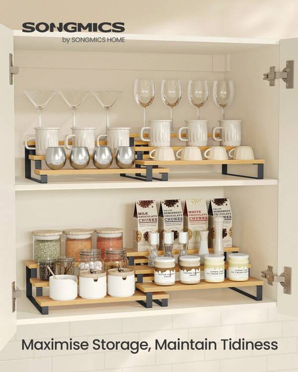 SONGMICS Spice Rack, Set Of 2 Cabinet Shelf Organisers, 3-Tier Extendable Spice Holder, Engineered Wood, Stackable, For Pantry, Cupboard, Countertop, Natural Beige And Ink Black