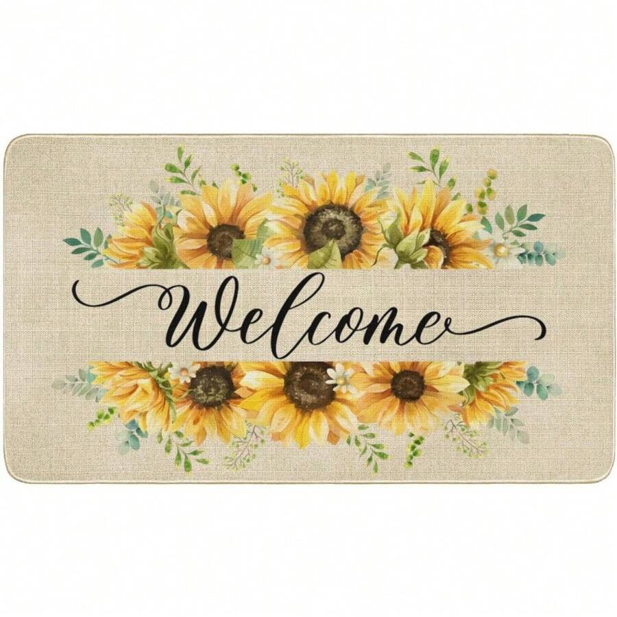 Floral Welcome Door Mat, Spring Summer Flower Front Doormat, Home Indoor Outdoor Decor Non Slip Entrance Rug 30x18 Inches