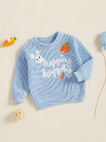 Baby Easter Sweaters Long Sleeve Round Neck Bunny Carrot Embroidery Pullover Toddler Jumper Tops - Blue - View 5