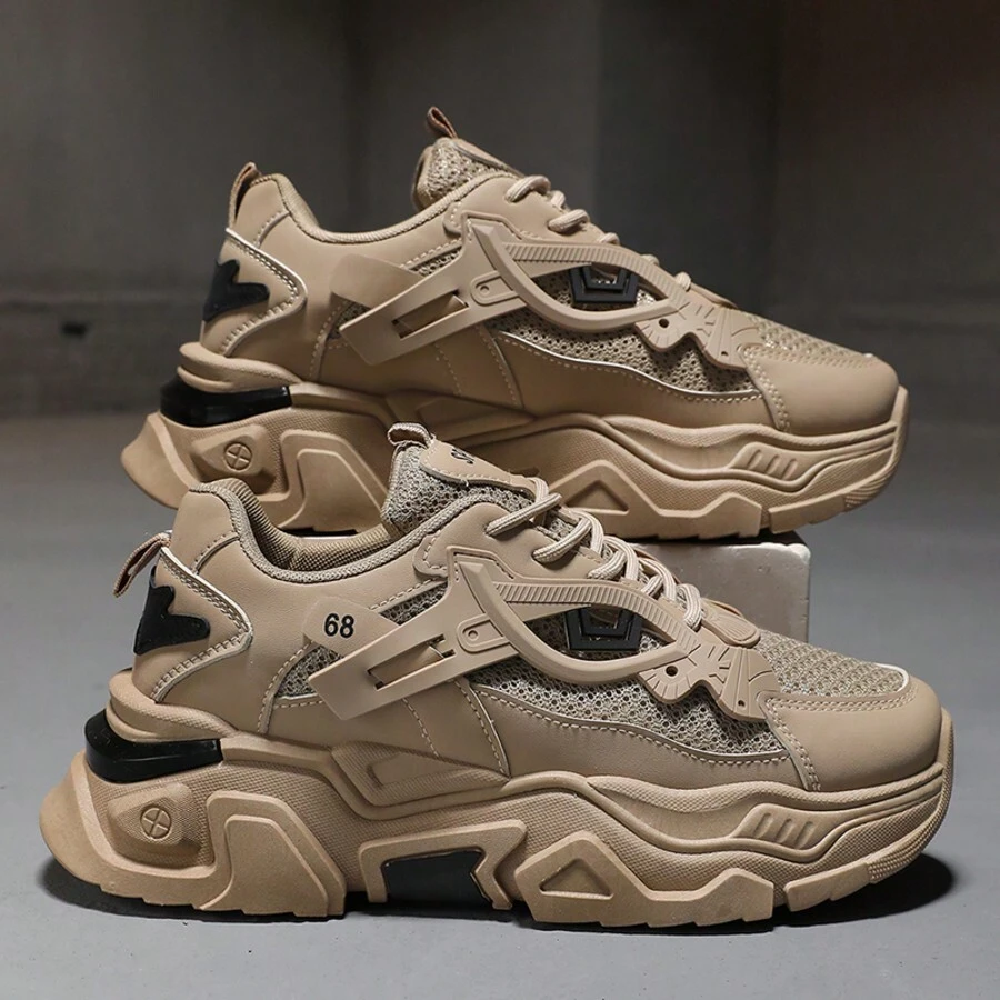 Multi Functional Thick Soled Women's Casual Sports Shoes, Breathable Mesh Upper And Durable PU/Rubber Sole, Lace Up Casual Sports Shoes With Blue Decoration, Very Suitable For Casual Wear, Versatile Shoe Accessories - Màu Khaki - Xem 1