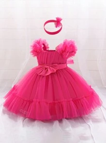 1pc Baby Girls Ruffle Tulle Bow Cute 1st Birthday Party Dress, Suitable For Flower Girl Wedding Celebration, Hair Band Included