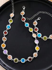 2pcs Women's Stylish Minimalist Colorful Cubic Zirconia Stone Necklace And Bracelet Jewelry Set, For Dates, Parties, Anniversaries, Birthdays