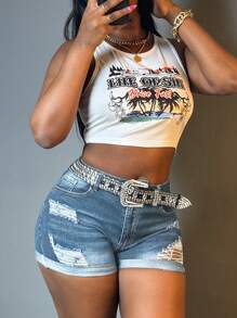 Women's Summer Mid Waist Tear Denim Shorts With Elastic Hip Lifting Denim Shorts (Excluding Waistband) - Light Wash - View 3