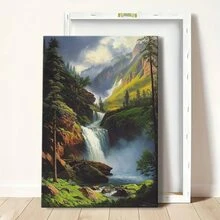 Wrapped Framed Canvas Vintage Wall Art Serene Waterfall Painting - Artful Home Decor For Living Room, Bedroom, Bathroom, Office
