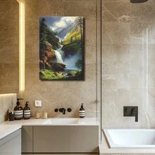 Wrapped Framed Canvas Vintage Wall Art Serene Waterfall Painting - Artful Home Decor For Living Room, Bedroom, Bathroom, Office