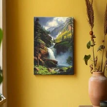 Wrapped Framed Canvas Vintage Wall Art Serene Waterfall Painting - Artful Home Decor For Living Room, Bedroom, Bathroom, Office