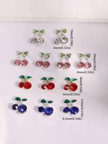 10pcs Green Leaf Cherry Nail Charms Metal Rhinestone Bowknot Nail Supplies Personalized Nail Art 3D Red And Blue Nail Gems Suitable For DIY Nail Salon And Personal Use