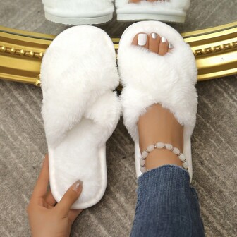 Fall/Winter Women Cross Strap Fluffy Bedroom Slippers, Fabric Fashion Slippers White