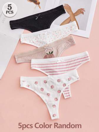 5 pièces/set Ensemble de culottes tanga à nœud papillon imprimé sexy en couleurs assorties, motif fraise, côtelé, élastique, respirant et confortable sous-vêtements pour femmes