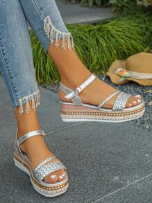 银色编织坡跟凉鞋，带铆钉装饰，厚底，高跟，系带，适合女士，夏季日常穿着，随机图案
