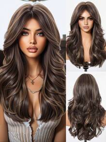 24 Inch Long Wavy Wigs With Bangs Dark Roots Brown Wigs For Women Brown Ombre Hair With Blonde Wigs,Heat-Resistant Synthetic Wigs For Daily Party Cosplay Wigs - 挑染棕色 - 查看 2