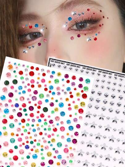 2pcs Multicolor Sparkling Starry Sky 3D Rhinestone Decor, Suitable For Eye Corner/Nail/Face Decoration, Fit For Music Festival, Carnival, Valentine's Day, Y2K Party, Daily Decoration, Makeup Party, Ball, Can Be Used For Hair, Eyes, Face, Body