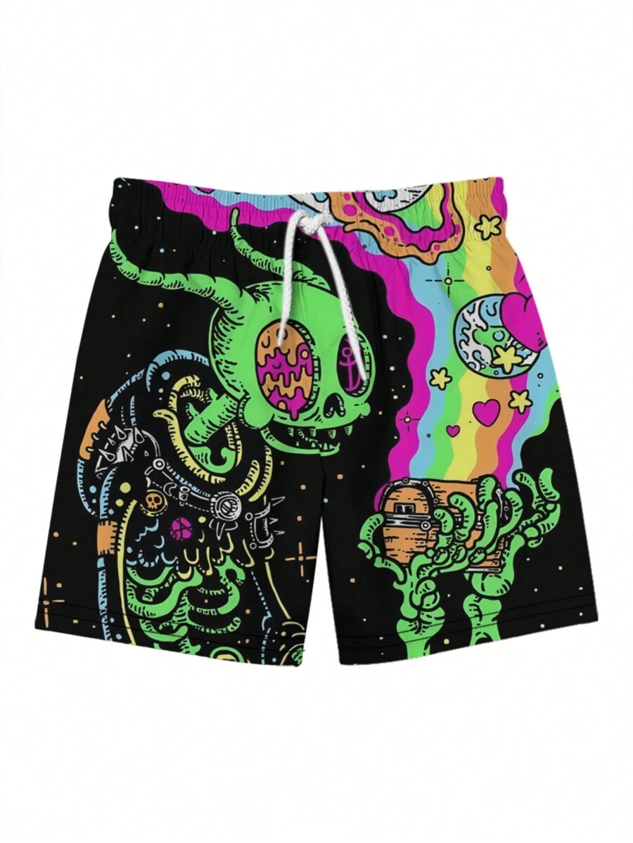 Men's 3D Summer Alien Rainbow Printed Beach Shorts,Hawaiian - Multicolor - View 1
