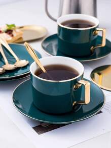 1 Juego de 6 tazas + 6 platillos + 6 cucharas (con soporte negro), 1 Juego de 1 taza + 1 platillo + 1 cuchara, taza de café de cerámica, platillo, plato elegante de café y postre, juego tradicional de té de la tarde, taza creativa y simple de té de la tarde, juego de tazas de café, serie graciosa de unicolor, taza de espresso con asa, taza, taza de leche, esencial ahorra espacio, imprescindible para amantes del café, adecuado para el hogar, la oficina, la escuela, reuniones, regalo - Apto para lavavajillas