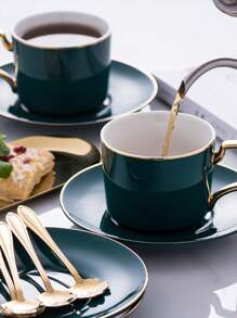 1 Juego de 6 tazas + 6 platillos + 6 cucharas (con soporte negro), 1 Juego de 1 taza + 1 platillo + 1 cuchara, taza de café de cerámica, platillo, plato elegante de café y postre, juego tradicional de té de la tarde, taza creativa y simple de té de la tarde, juego de tazas de café, serie graciosa de unicolor, taza de espresso con asa, taza, taza de leche, esencial ahorra espacio, imprescindible para amantes del café, adecuado para el hogar, la oficina, la escuela, reuniones, regalo - Apto para lavavajillas