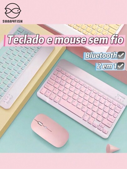 Kit Teclado e Mouse Bluetooth Sem Fio Colorido Estilo Macaron, Portátil para PC, iPad, Tablet e Notebook