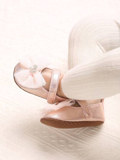 Cute 0-1 Years Old Infant Shoes With Bow Decor, Soft & Comfortable Cotton Princess Shoes