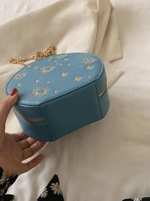 迷你刺绣圆包，链条心形装饰斜挎包，星月图案圆形钱包情人节礼物，PU复古小圆包，女士法式链条包，时尚刺绣单肩斜挎包 - 藍色 - 查看 7