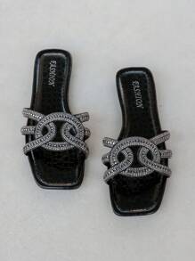 1 Pair Of Summer Promotion Black Girls Non-Slip Slippers Fashion Dynamic Princess Style Flat 16-25 Years Old Girls Sandals Suitable For Indoor And Outdoor Leisure Crystal Cross Flip-Flops - Black - View 8