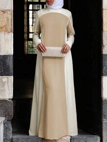 Neuer Frühling 2026 Mittlerer Osten Stil Lässiges Langkleid für Frauen, Beige & Hellbraun Farbblock Rundhals, Elegant für tägliche Ausflüge & leichte gesellige Anlässe